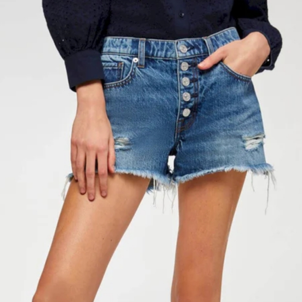7 For All Mankind Monroe Cut-Off Short with Exposed Buttons in Pisces Blue Sz 24
